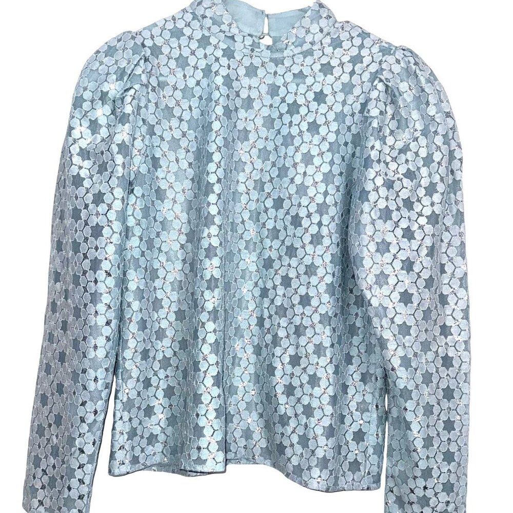 Long Sleeve Floral Lace Top With Puff Shoulders & Button Closure Size S
